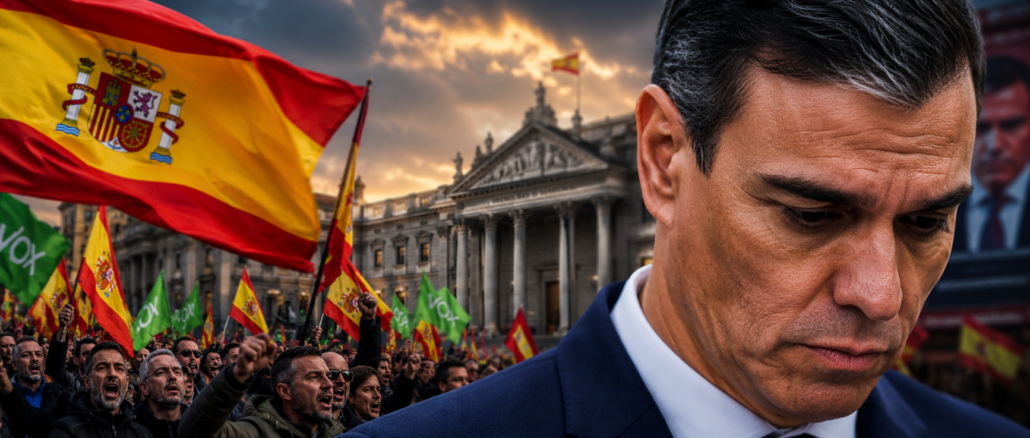 Pedro Sánchez frente a protestas y banderas de España durante el avance de la derecha política