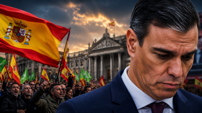 Pedro Sánchez frente a protestas y banderas de España durante el avance de la derecha política