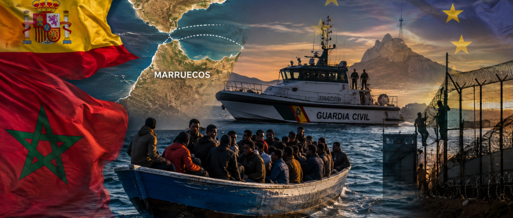 Embarcación migratoria frente a patrulleras españolas durante la creciente tensión migratoria entre España y Marruecos según Impacto Noticias CR