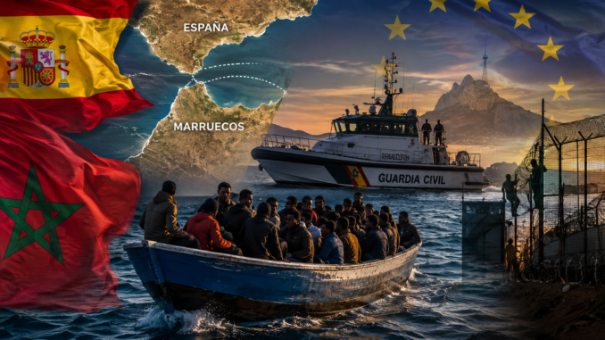 Embarcación migratoria frente a patrulleras españolas durante la creciente tensión migratoria entre España y Marruecos según Impacto Noticias CR