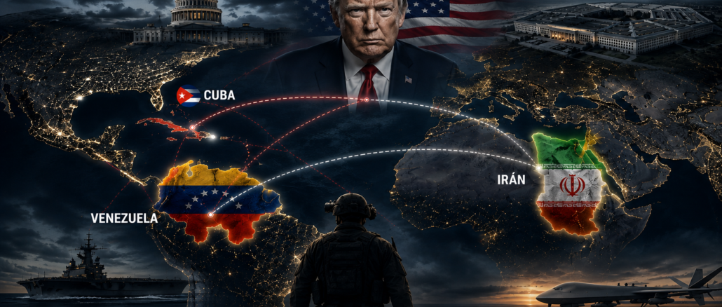 Estrategia de Estados Unidos en Venezuela, Irán y Cuba representada en mapa geopolítico con conexiones globales