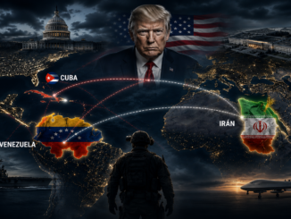 Estrategia de Estados Unidos en Venezuela, Irán y Cuba representada en mapa geopolítico con conexiones globales