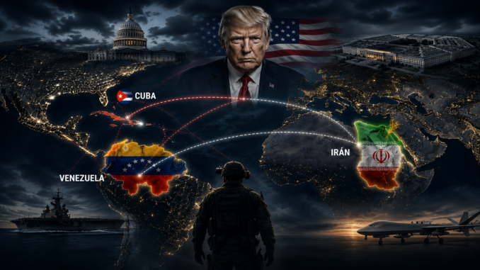 Estrategia de Estados Unidos en Venezuela, Irán y Cuba representada en mapa geopolítico con conexiones globales