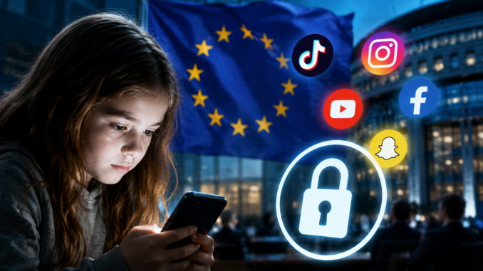 Niña usa un teléfono móvil mientras la Unión Europea analiza restringir redes sociales para menores | Impacto Noticias CR