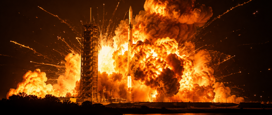 Explosión del cohete New Glenn de Blue Origin durante una prueba en Cabo Cañaveral, un incidente que afecta proyectos espaciales vinculados a la NASA.