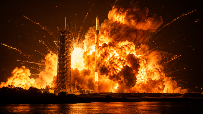 Explosión del cohete New Glenn de Blue Origin durante una prueba en Cabo Cañaveral, un incidente que afecta proyectos espaciales vinculados a la NASA.