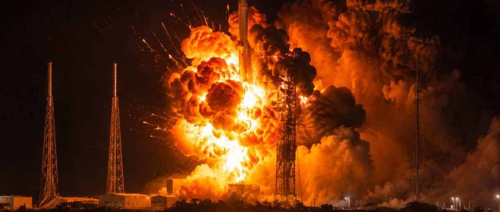 Explosión de un cohete durante una prueba o lanzamiento nocturno en una plataforma espacial, generando una enorme bola de fuego y columnas de humo.