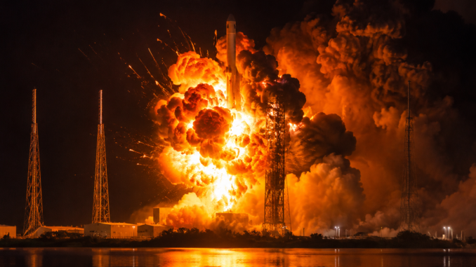 Explosión de un cohete durante una prueba o lanzamiento nocturno en una plataforma espacial, generando una enorme bola de fuego y columnas de humo.