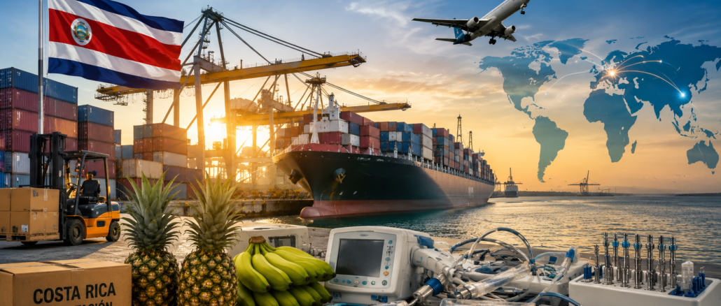 Exportaciones de Costa Rica crecen 7% impulsadas por Asia, Europa, dispositivos médicos y productos agrícolas. Imagen IA con fines ilustrativos.