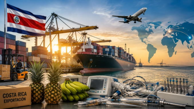 Exportaciones de Costa Rica crecen 7% impulsadas por Asia, Europa, dispositivos médicos y productos agrícolas. Imagen IA con fines ilustrativos.