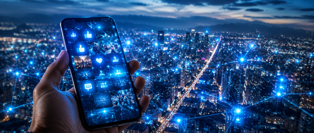 Aplicación de Facebook en un smartphone representando redes sociales en América Latina
