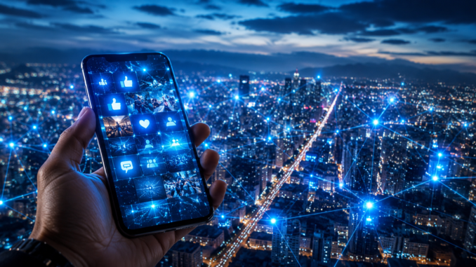 Aplicación de Facebook en un smartphone representando redes sociales en América Latina