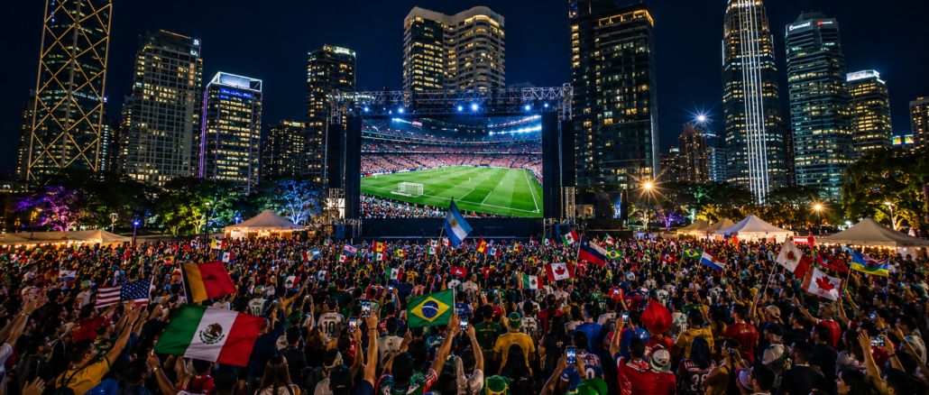 Fan zones 2026 con miles de aficionados viendo partidos del Mundial en pantallas gigantes durante la noche