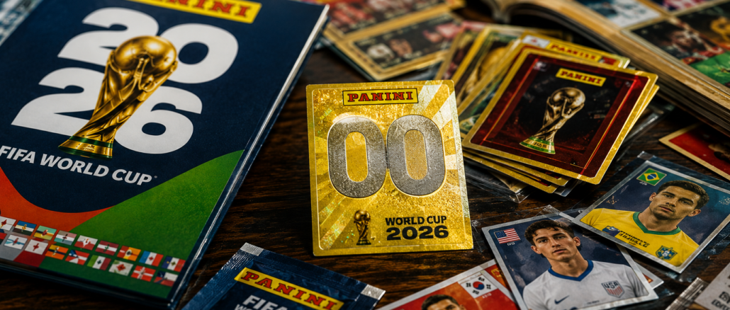 Figuras raras y costosas del álbum Panini Mundial 2026 sobre mesa de colección