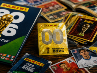 Figuras raras y costosas del álbum Panini Mundial 2026 sobre mesa de colección