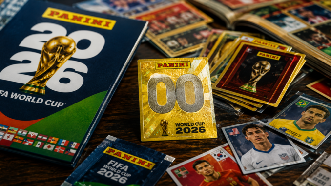 Figuras raras y costosas del álbum Panini Mundial 2026 sobre mesa de colección