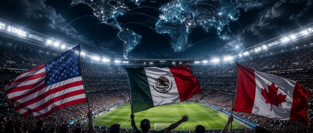 Geopolítica del Mundial 2026 en estadio con banderas de Estados Unidos, México y Canadá y mapa global iluminado