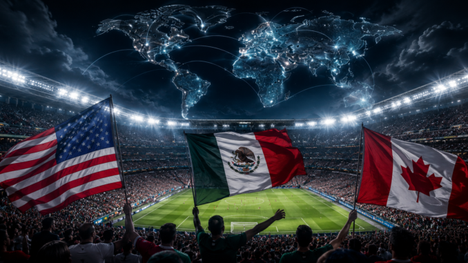 Geopolítica del Mundial 2026 en estadio con banderas de Estados Unidos, México y Canadá y mapa global iluminado