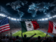 Geopolítica del Mundial 2026 en estadio con banderas de Estados Unidos, México y Canadá y mapa global iluminado