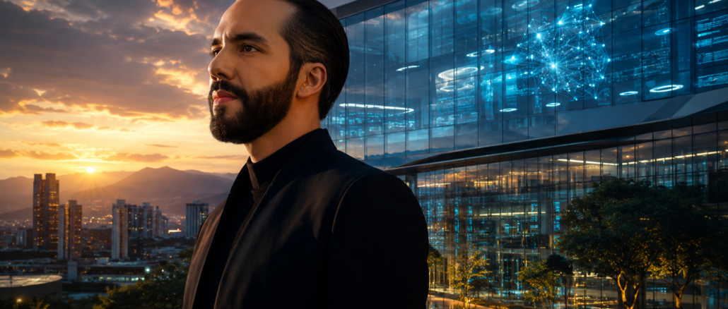 Google y Bukele salud digital en El Salvador con inteligencia artificial y edificio tecnológico moderno