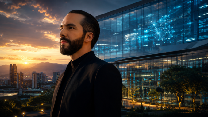 Google y Bukele salud digital en El Salvador con inteligencia artificial y edificio tecnológico moderno