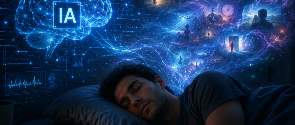Persona durmiendo mientras una inteligencia artificial analiza patrones y sueños humanos