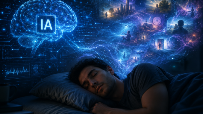 Persona durmiendo mientras una inteligencia artificial analiza patrones y sueños humanos