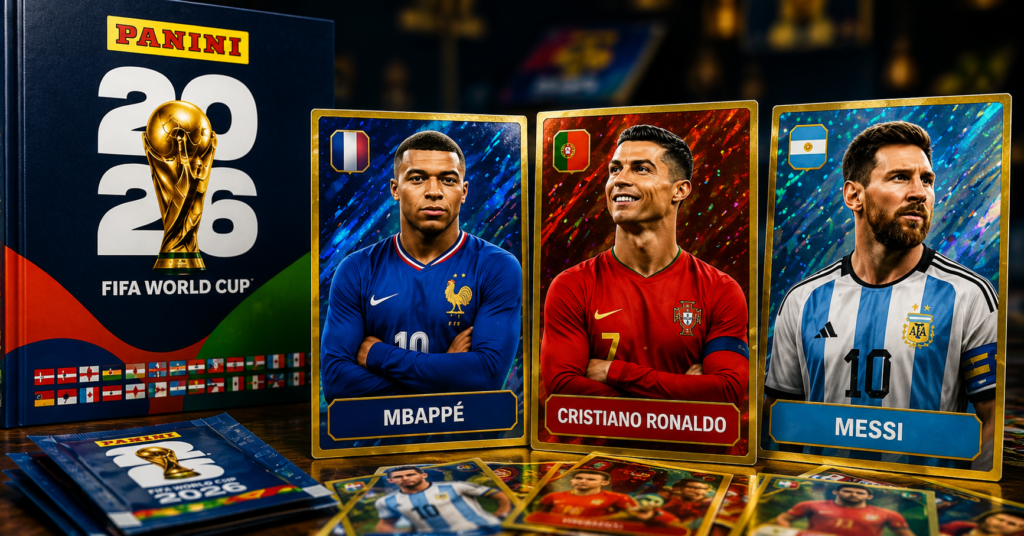 Álbum Panini Mundial 2026 con figuras de Lionel Messi, Cristiano Ronaldo y Kylian Mbappé