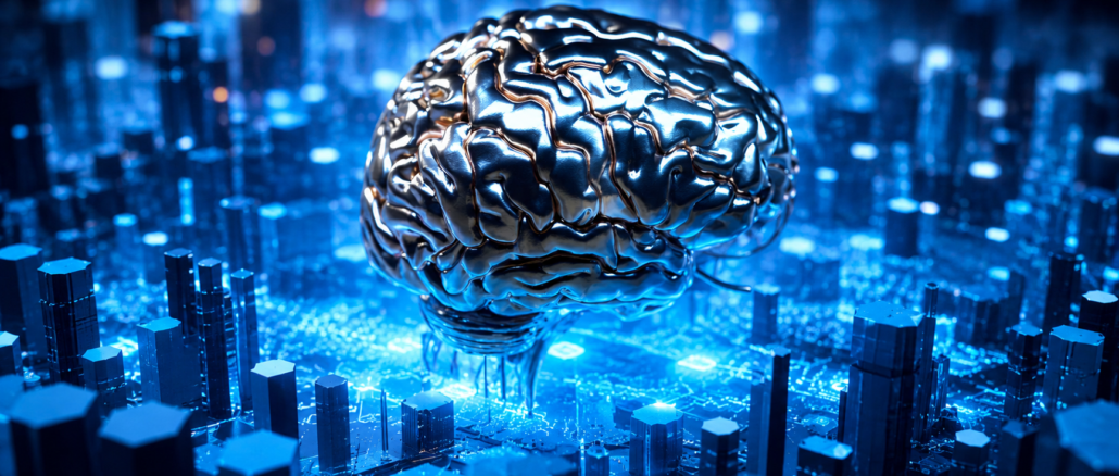 Cerebro metálico futurista sobre una ciudad digital representando inteligencia artificial e internet