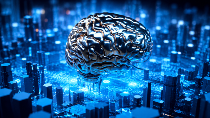 Cerebro metálico futurista sobre una ciudad digital representando inteligencia artificial e internet