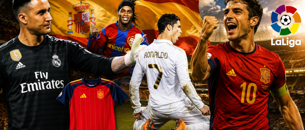 Montaje de figuras históricas del fútbol español y LaLiga como representación de la influencia global y el soft power español.