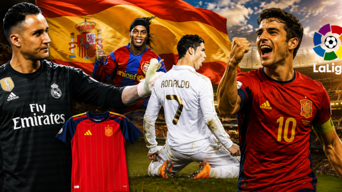 Montaje de figuras históricas del fútbol español y LaLiga como representación de la influencia global y el soft power español.