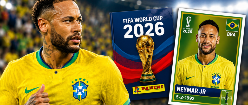Neymar con la selección de Brasil junto al Álbum PANINI del Mundial 2026
