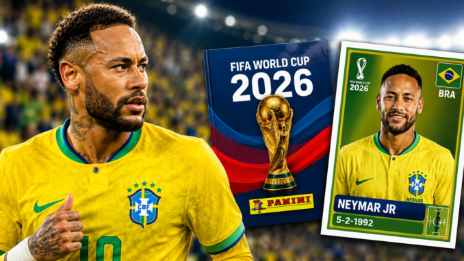 Neymar con la selección de Brasil junto al Álbum PANINI del Mundial 2026