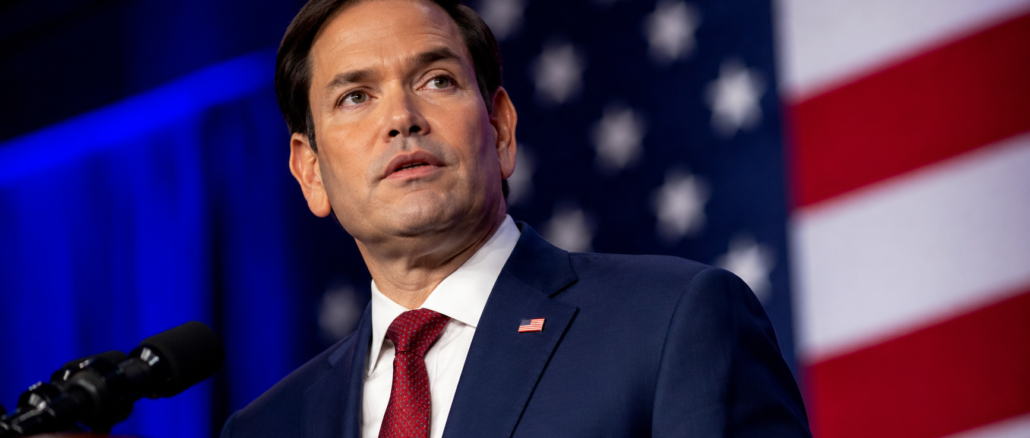 Marco Rubio durante un acto político republicano en Estados Unidos frente a una bandera estadounidense