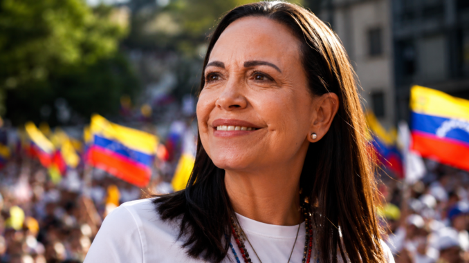 María Corina Machado durante acto político opositor en Venezuela
