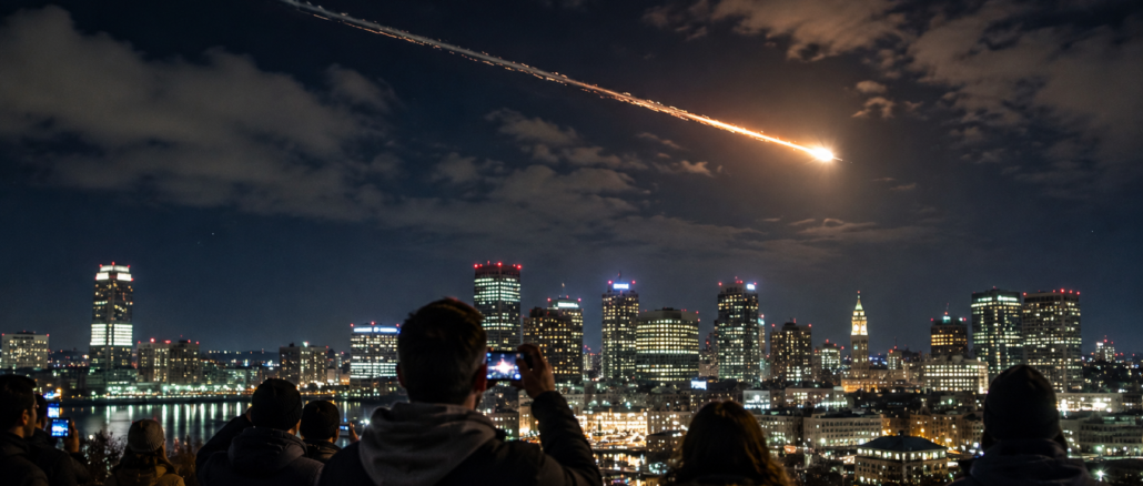 Meteoro cruza el cielo nocturno sobre Boston mientras residentes observan el fenómeno que provocó un estruendo escuchado hasta Canadá.