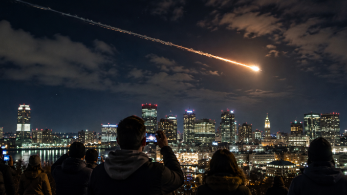 Meteoro cruza el cielo nocturno sobre Boston mientras residentes observan el fenómeno que provocó un estruendo escuchado hasta Canadá.