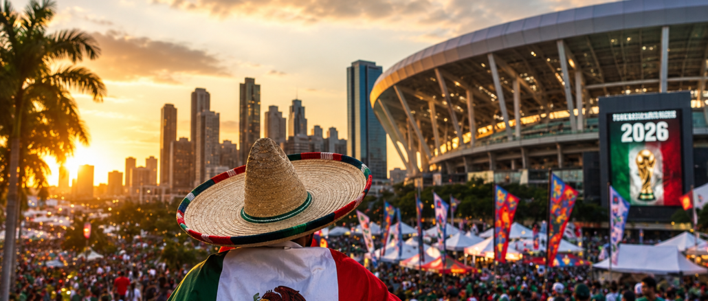 Fanáticos mexicanos frente a un estadio durante ambiente mundialista rumbo al Mundial 2026