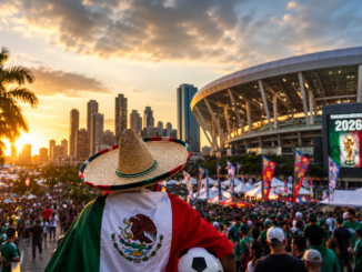 Fanáticos mexicanos frente a un estadio durante ambiente mundialista rumbo al Mundial 2026