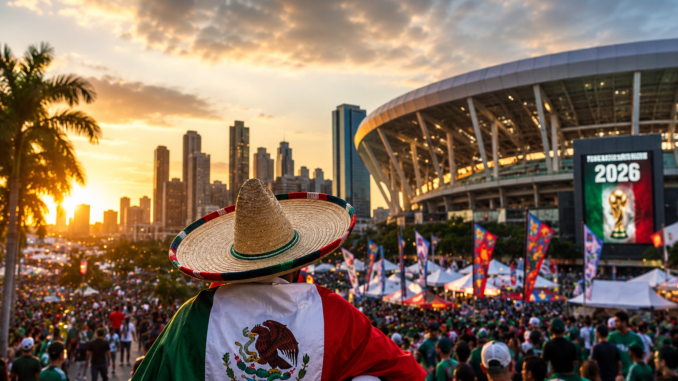 Fanáticos mexicanos frente a un estadio durante ambiente mundialista rumbo al Mundial 2026