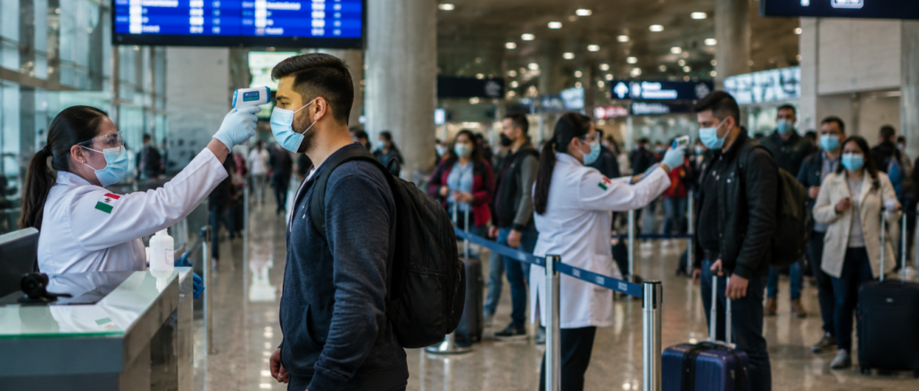 Controles sanitarios en un aeropuerto de México como parte de los preparativos y medidas sanitarias para el Mundial 2026.