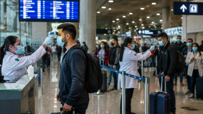 Controles sanitarios en un aeropuerto de México como parte de los preparativos y medidas sanitarias para el Mundial 2026.