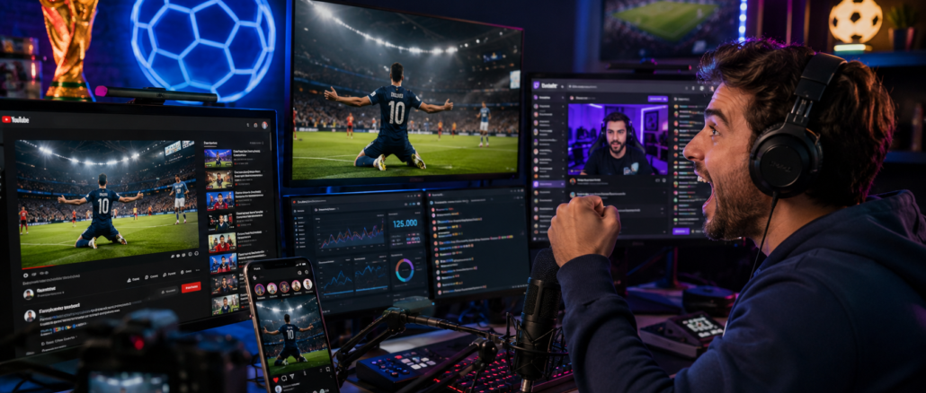 Streamer deportivo transmite contenido sobre el Mundial 2026 desde un estudio digital con múltiples pantallas de fútbol
