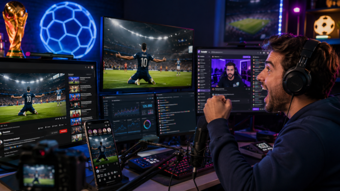 Streamer deportivo transmite contenido sobre el Mundial 2026 desde un estudio digital con múltiples pantallas de fútbol