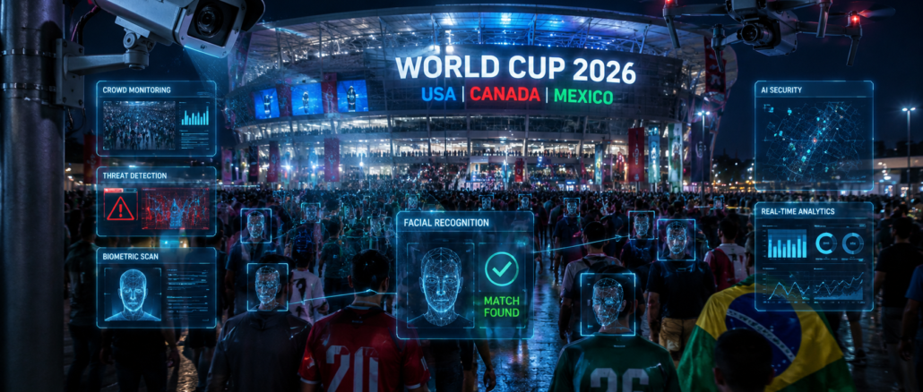 Estadio futurista del Mundial 2026 con inteligencia artificial, drones, reconocimiento facial y sistemas avanzados de vigilancia tecnológica