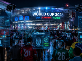 Estadio futurista del Mundial 2026 con inteligencia artificial, drones, reconocimiento facial y sistemas avanzados de vigilancia tecnológica