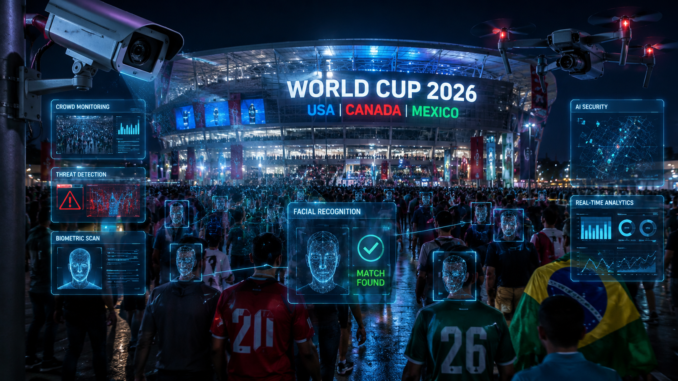 Estadio futurista del Mundial 2026 con inteligencia artificial, drones, reconocimiento facial y sistemas avanzados de vigilancia tecnológica