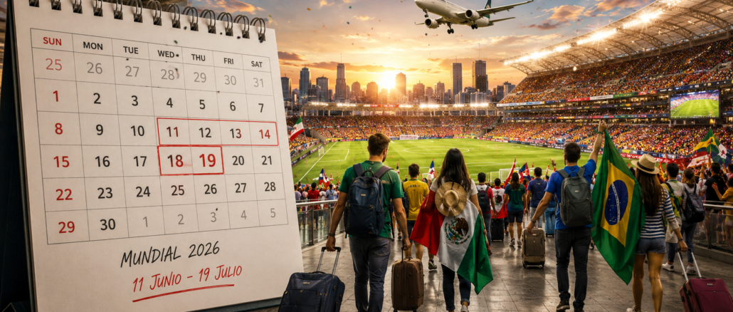 Calendario del Mundial 2026 en junio y julio con aficionados viajando hacia un estadio de fútbol