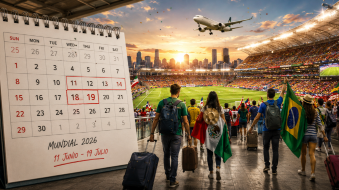 Calendario del Mundial 2026 en junio y julio con aficionados viajando hacia un estadio de fútbol